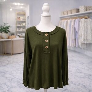 White Birch Olive Ribbed Oversized Top Puff Sleeve Side Slit Small NWOT